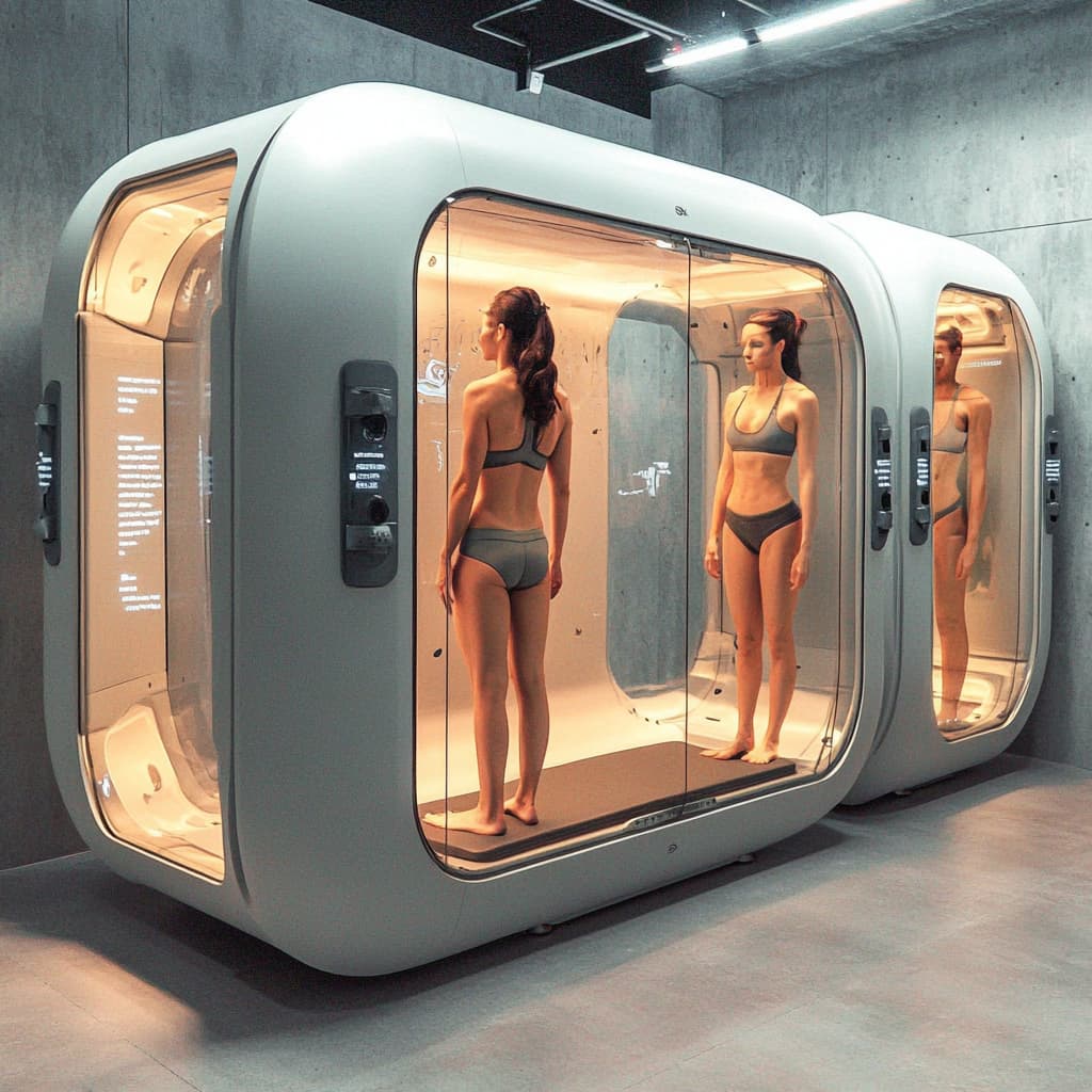 An AI-powered, shape-shifting exercise machine that transforms into different equipment. As a person approaches, ai generated