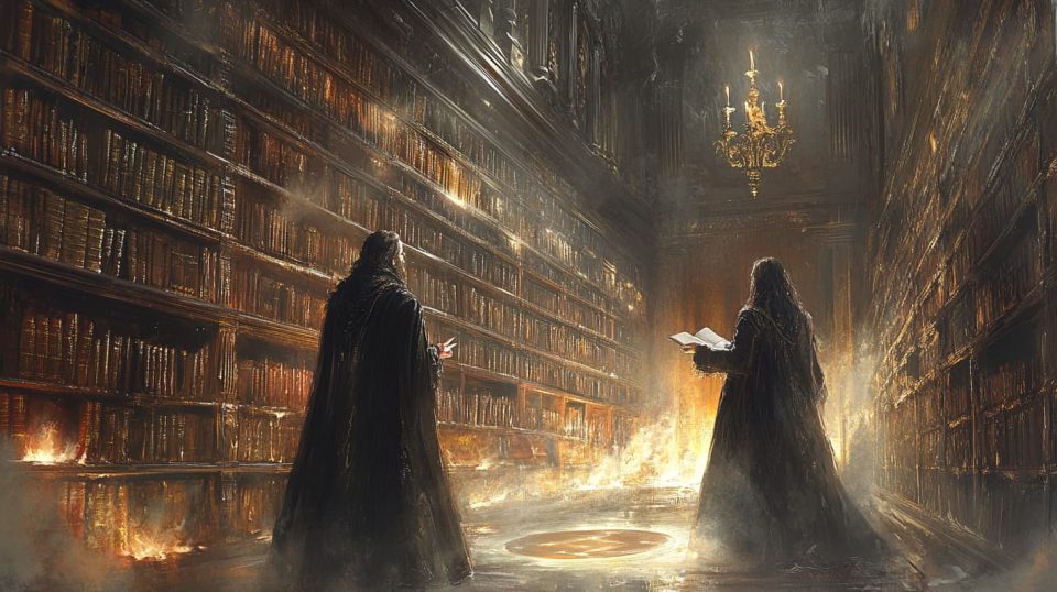 An ancient, dusty library lit only by a single candelabra. ai generated
