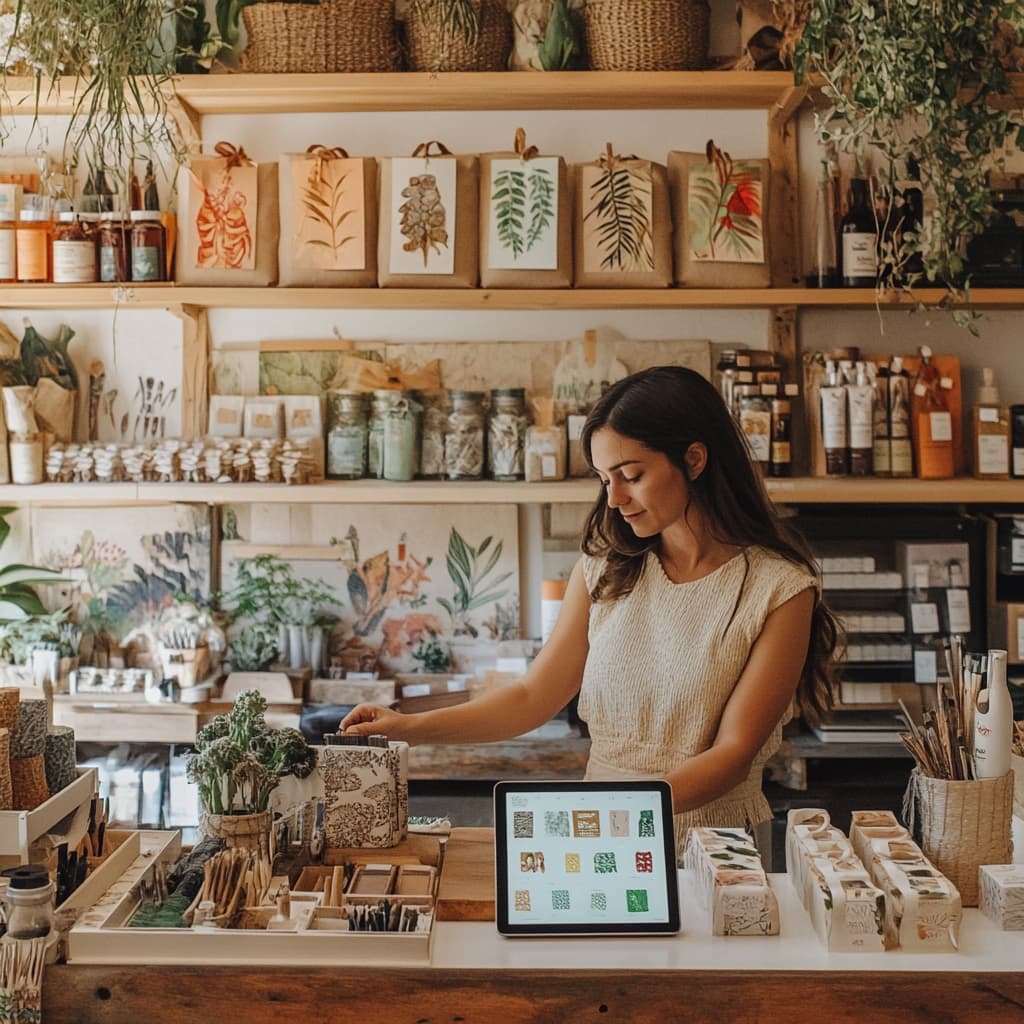 Inside a quaint eco-friendly boutique, a business owner is arranging handmade products on shelves. ai generated