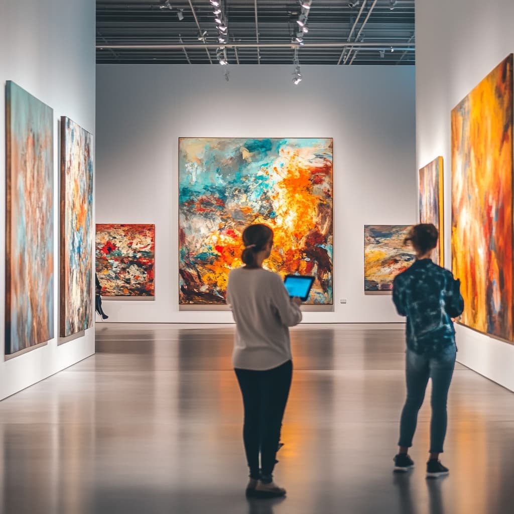An art museum gallery with large canvases displayed on the walls, each representing a different art style. ai generated