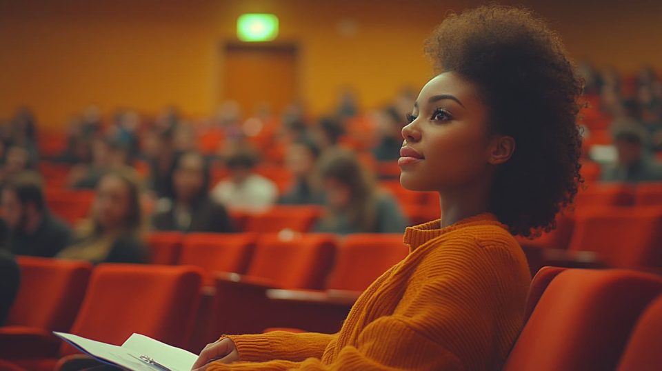 An elegant conference hall with people seated in small breakout groups. ai generated
