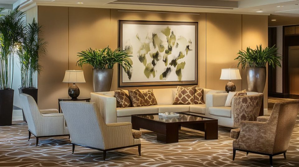 An elegant room with neutral tones, soft furnishings, and warm lighting. ai generated