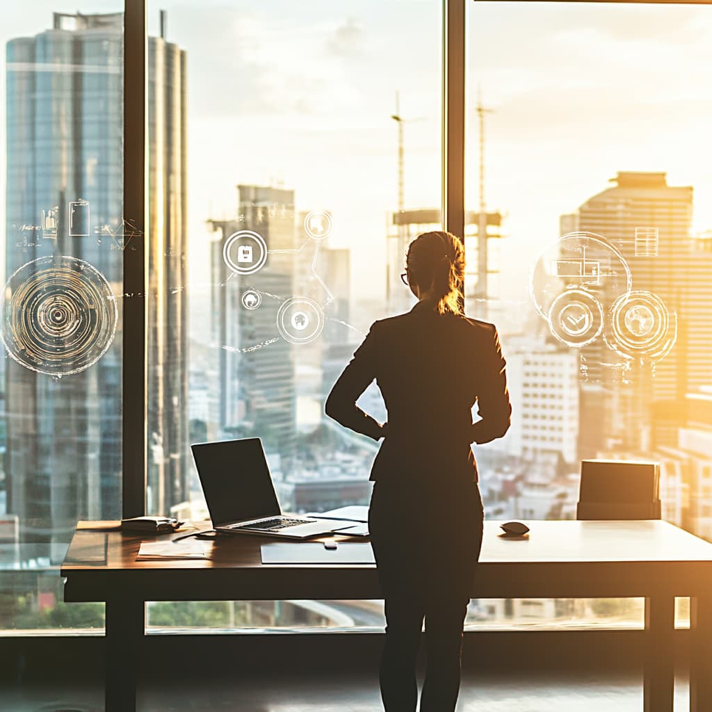 An energetic and successful professional standing at the window of a stylish office. ai generated