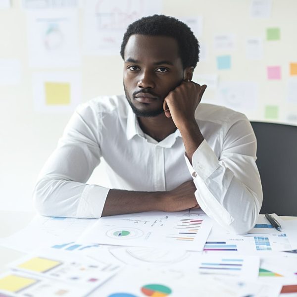 An entrepreneur sits at a desk filled with planning materials, from sketches to charts. They look focused, carefully working through each step, symbolizing a systematic approach to completing a business plan.
