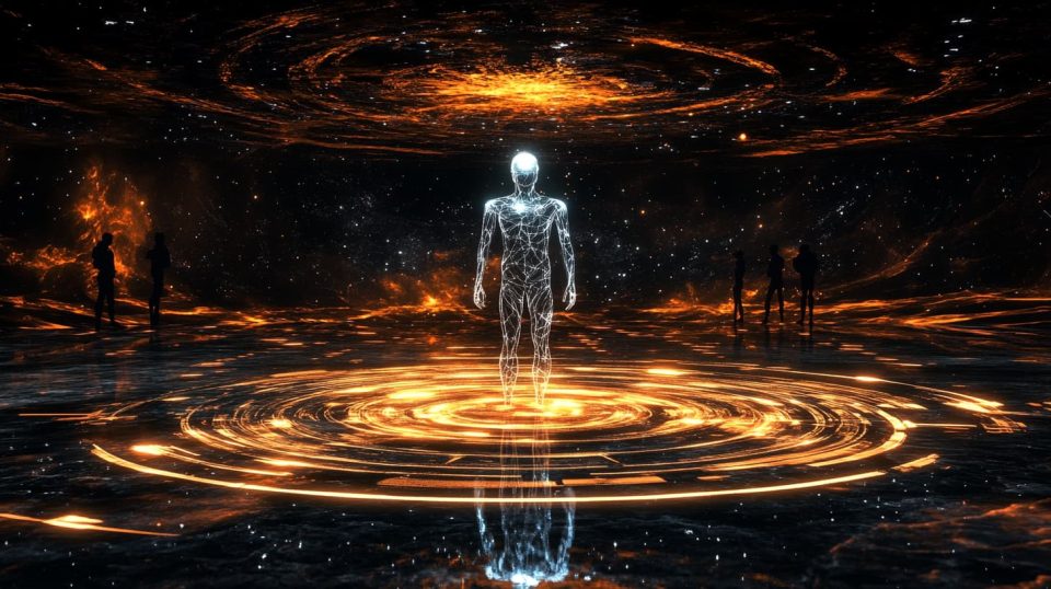 An ethereal landscape where a glowing AI figure stands at the edge of an infinite ocean of stars and swirling nebulae. ai generated