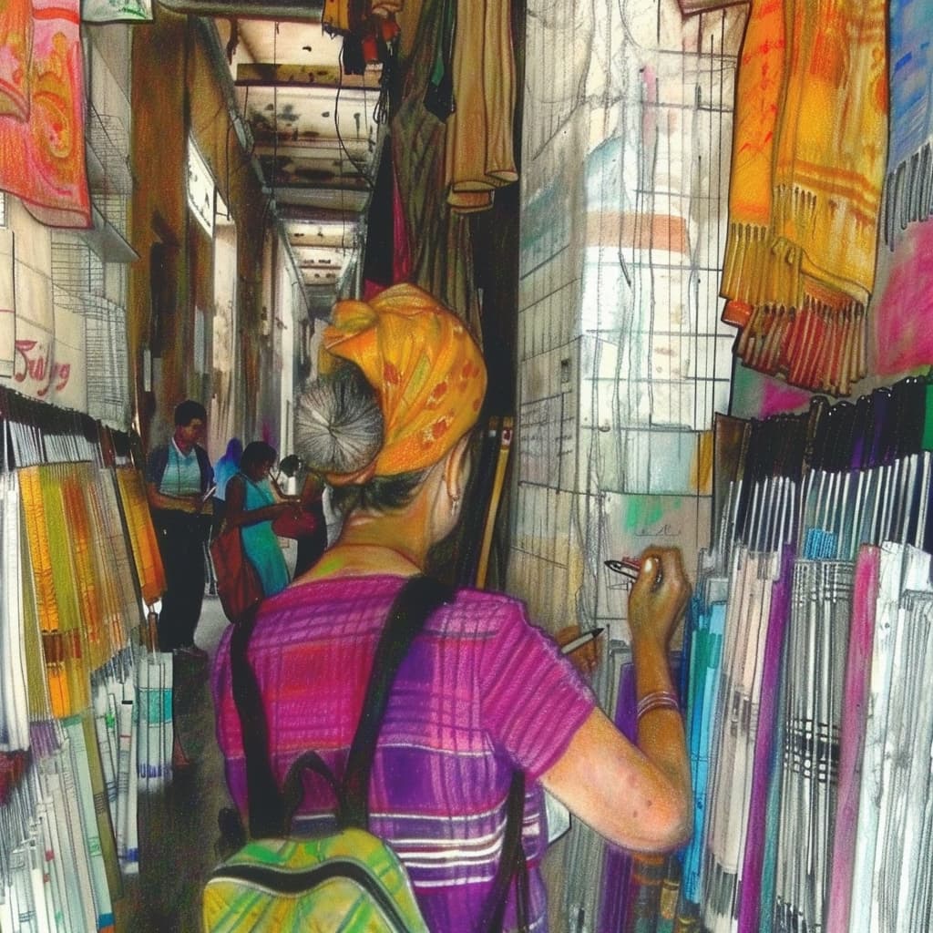 An inspired artist sketching the vibrant scenes of a colorful bazaar. ai generated