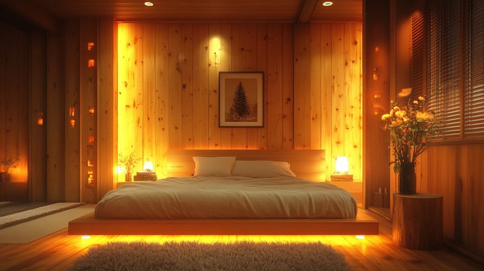 An intimate bedroom with soft lighting, an upholstered bed with a bedside table holding a stylish lamp. ai generated