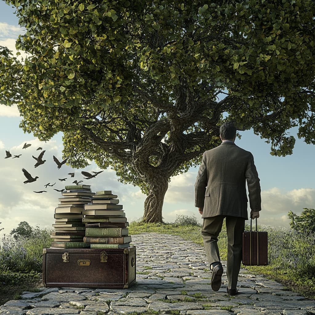 An inviting scene where a person is about to embark on a journey, with a suitcase filled with books recommended by the GPT. The path ahead is lined with books and literary symbols, representing the beginning of a fulfilling reading journey facilitated by the GPT si generated