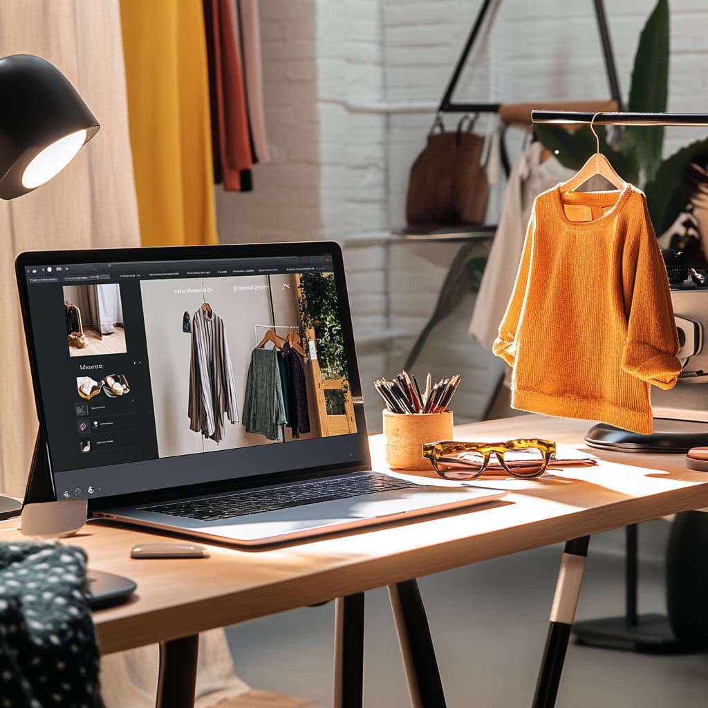 An online seller in their home office, using AI software on their laptop to adjust product images. ai generated