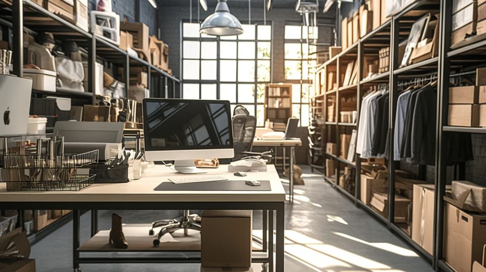 An organized warehouse or office space of an eCommerce business with shelves full of various products. ai generated