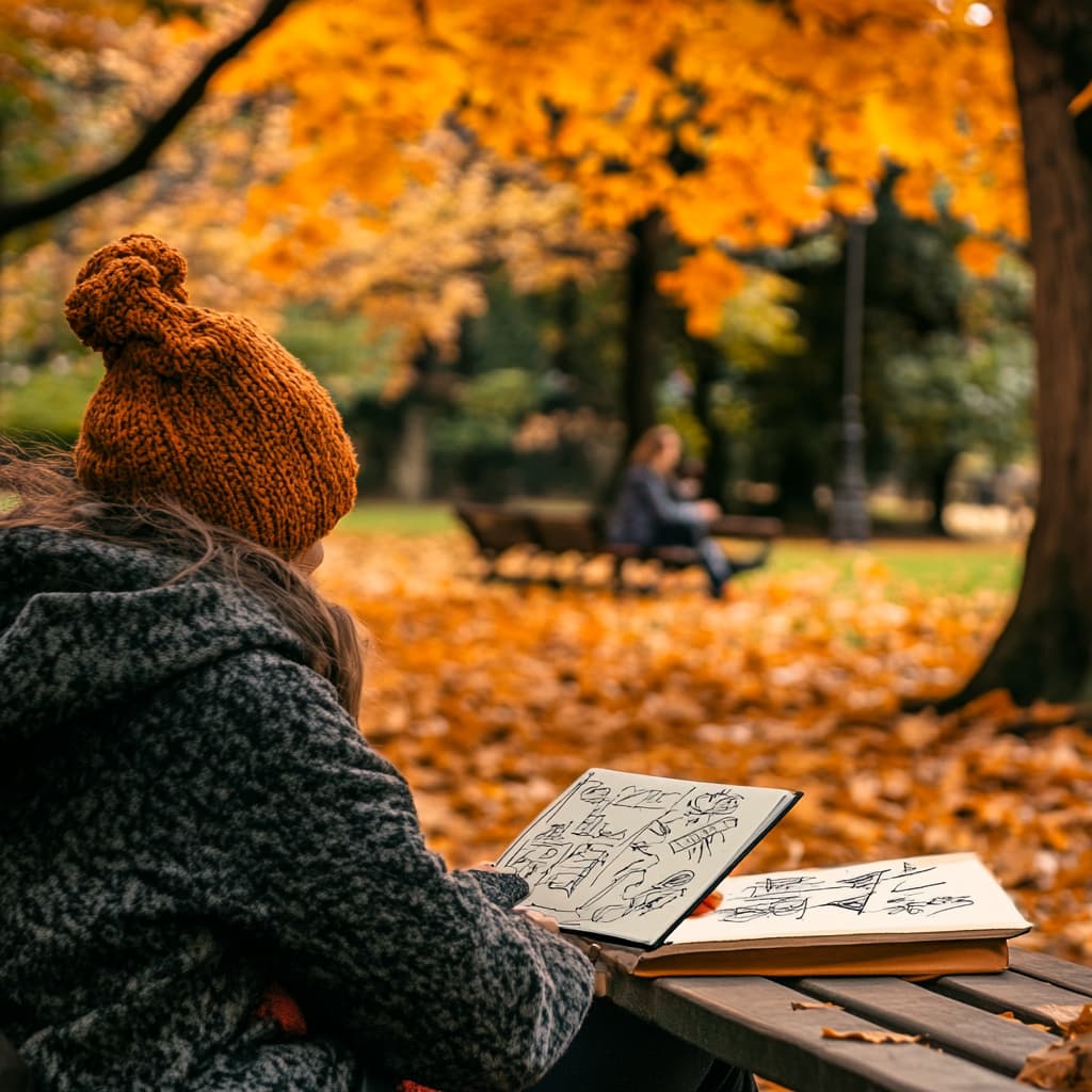 An outdoor scene showing a person sitting at a park bench with a notebook in their lap. ai generated