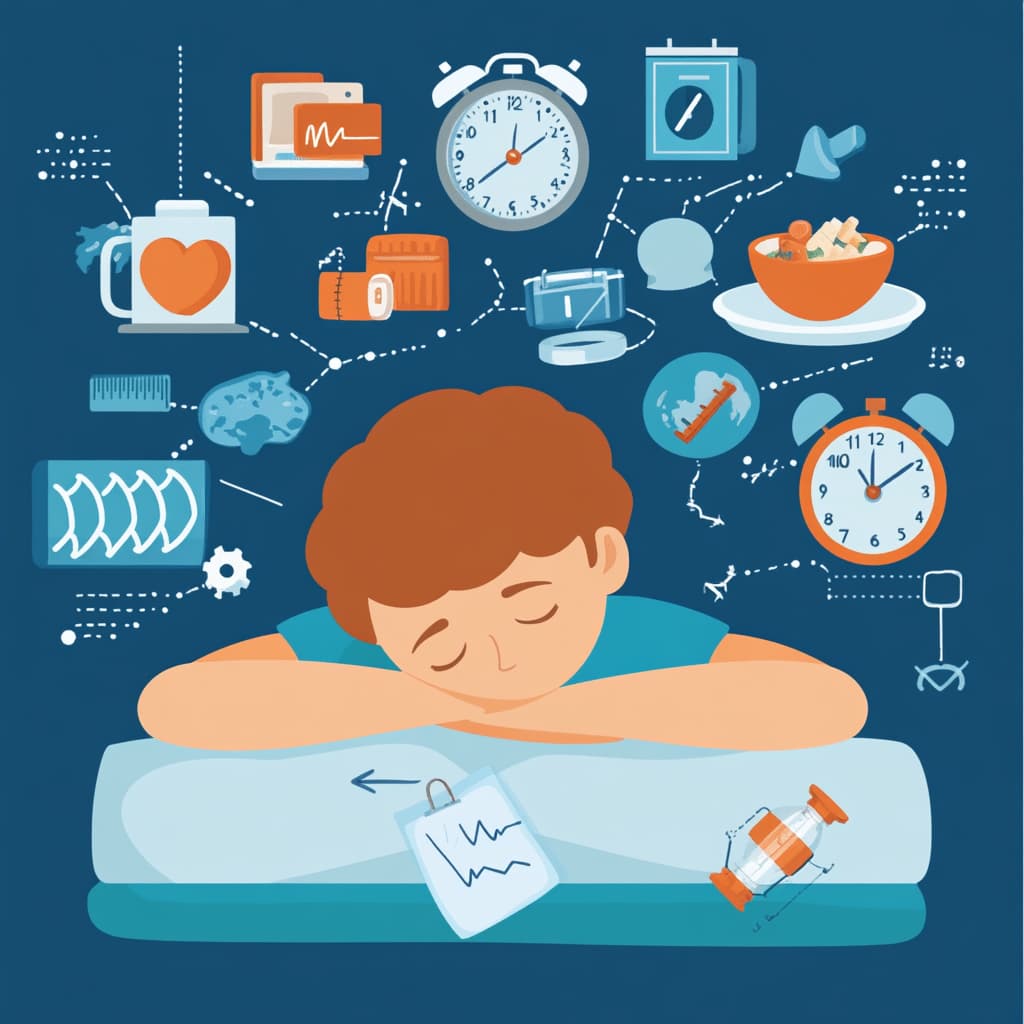 Create an infographic that highlights various evidence-based sleep strategies. Include visuals such as a clock for maintaining a consistent sleep schedule, a yoga mat for relaxation techniques, ai generated