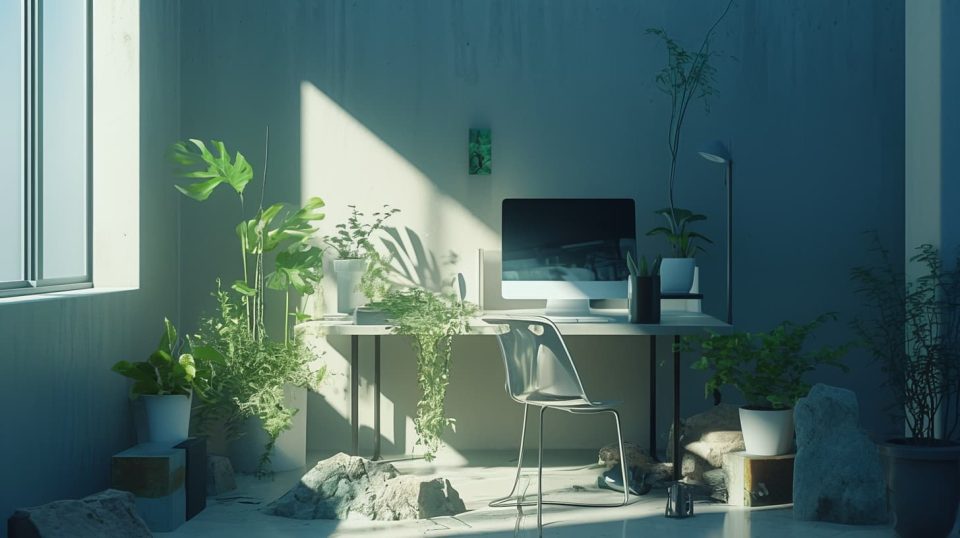 Depict a serene, minimalist workspace where natural elements like plants and stones are arranged alongside modern digital devices. ai generated