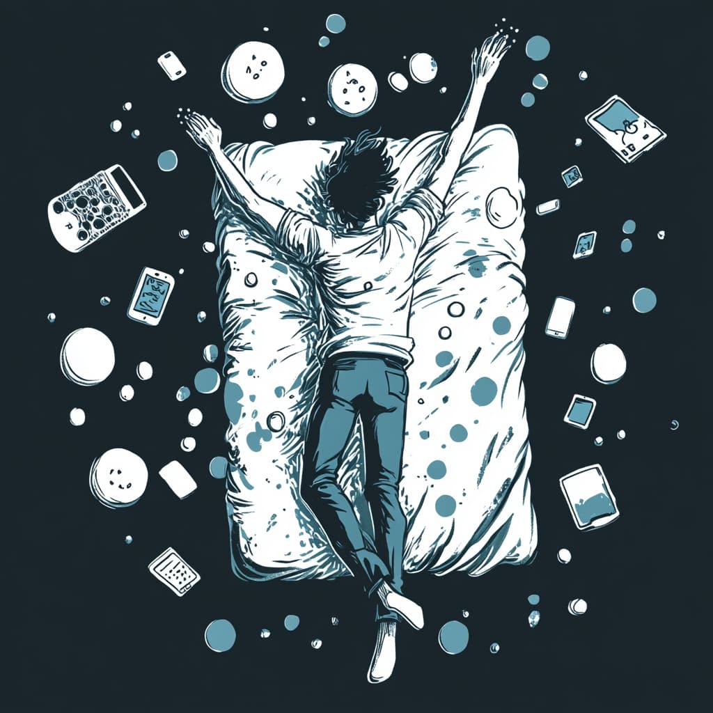 Design an image showing a person tossing and turning in bed, surrounded by thought bubbles depicting common sleep disruptors like stress, screens, and noise. ai generated