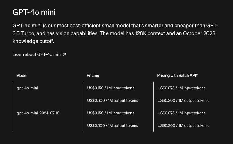 the price listed for gpt4o mini