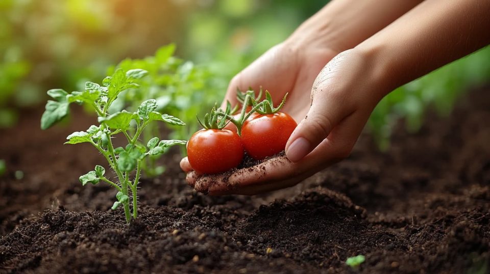 Hands sprinkling compost tea on young plants, a row of tomato plants in the background. ai generated