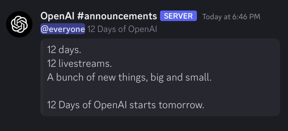 screenshot of openai's announcement on discord