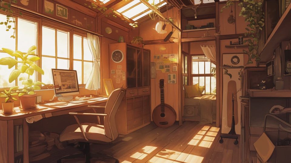 Illustrate a cozy, sunlit workspace with a mix of modern and vintage items. ai generated