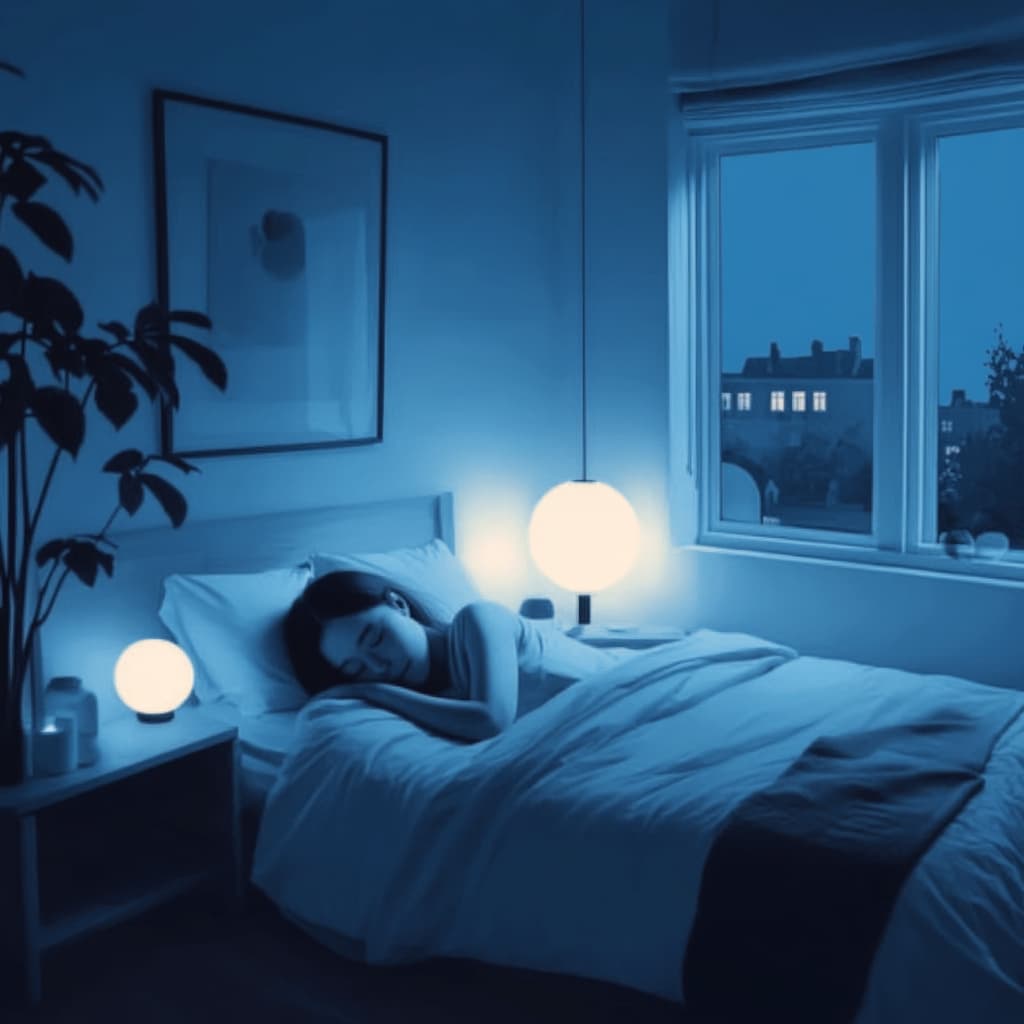 Illustrate a peaceful bedroom scene with a person sleeping soundly, accompanied by a quote about improved sleep quality. ai generated