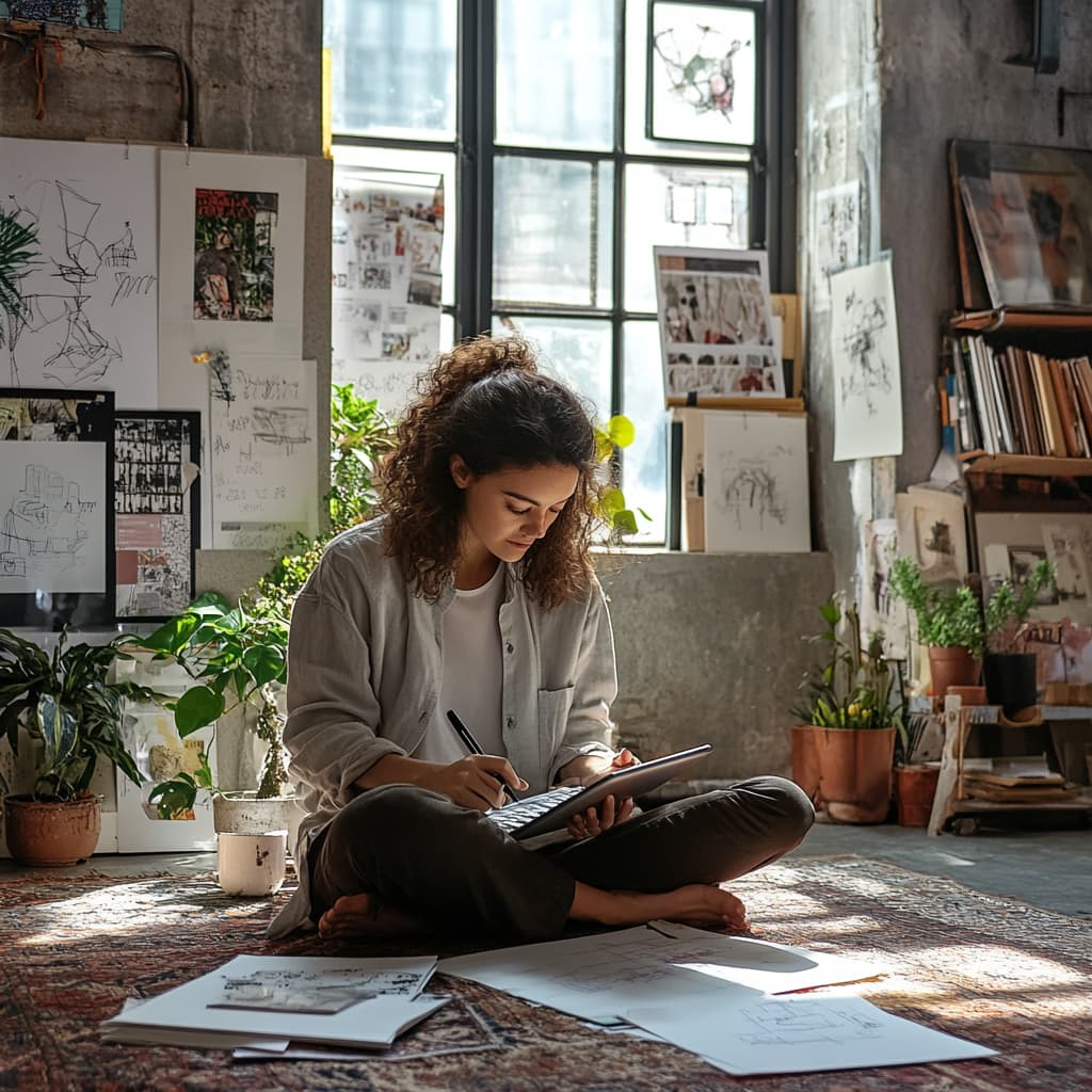 In a trendy loft apartment, a young professional is sitting cross-legged on a rug, surrounded by design sketches and lifestyl. ai generated