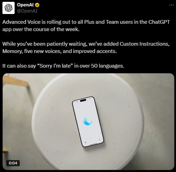 Advanced Voice Rolls Out to All Plus and Team Users in ChatGPT App