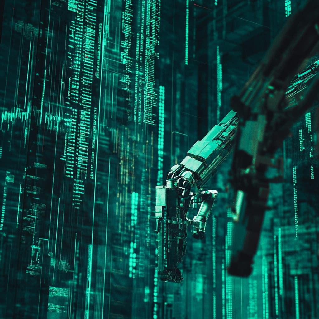 Robotic arms executing trades on a futuristic crypto exchange interface, with lines of code flowing in the background - Ai generated