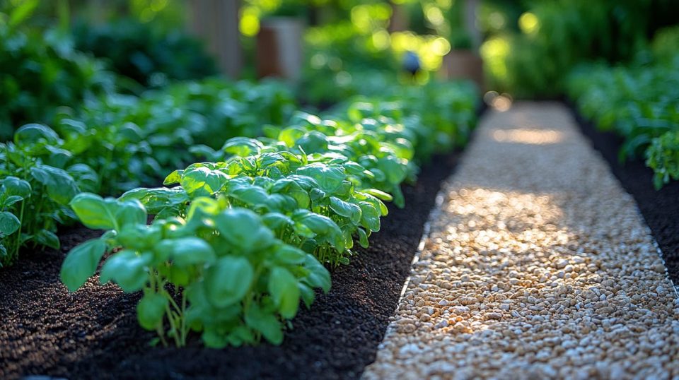 Rows of vegetable beds with marigolds and basil planted among them. ai generated
