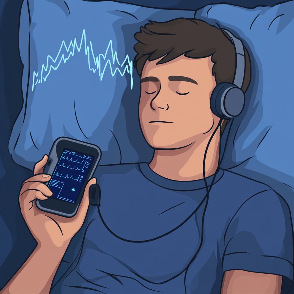 Show a person interacting with a digital device, receiving personalized sleep tips and feedback based on their sleep data. ai generated