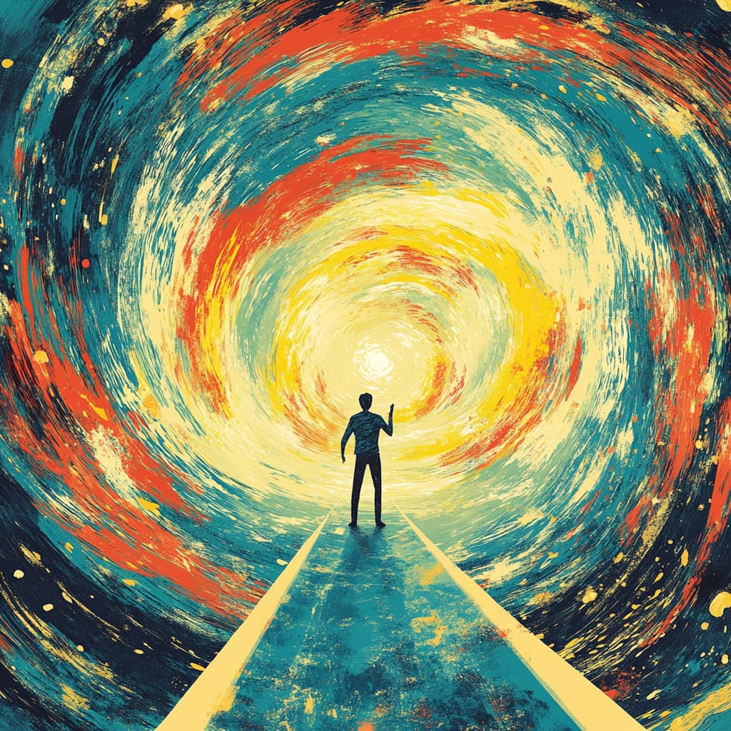 Show a person standing confidently at the center of a swirling vortex of data and numbers. ai generated