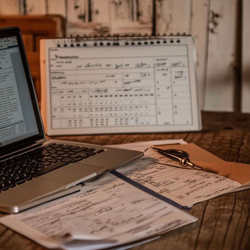 A desk with tax documents, an open laptop displaying a government tax website, and a wall calendar with marked dates for tax updates. A notepad with handwritten notes about tax change