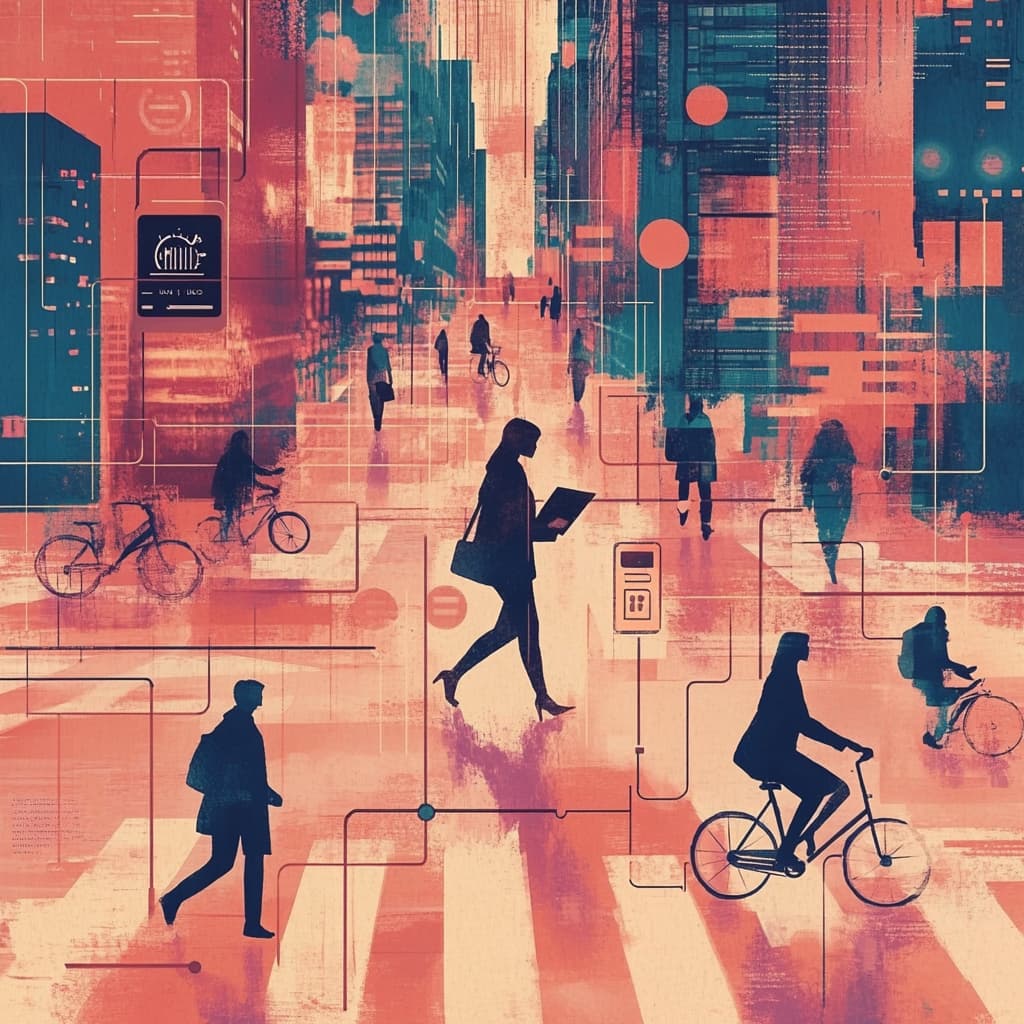 Visualize a dynamic cityscape where a person navigates through bustling streets with a digital financial guide. ai generated