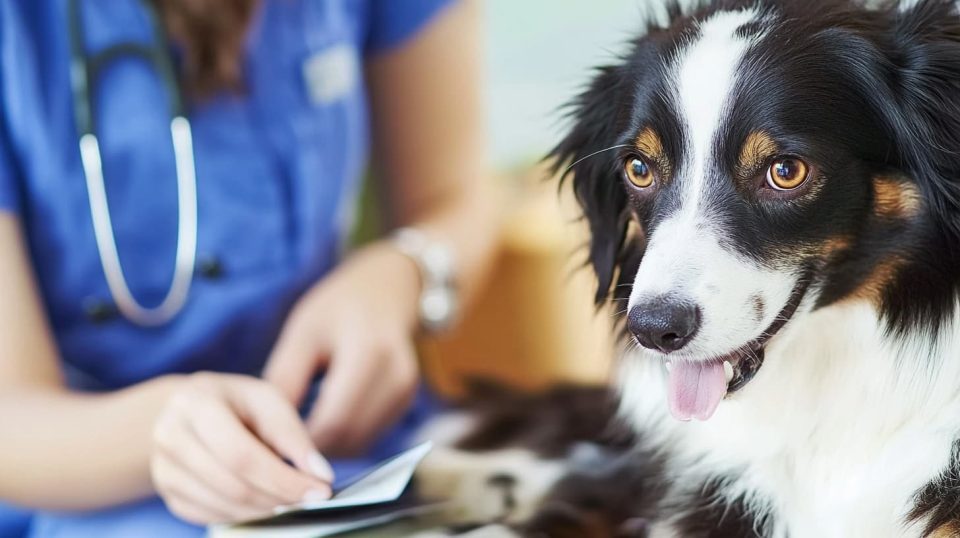 calm pet owner consulting an emergency guidebook or app while sitting with their pet. ai generated