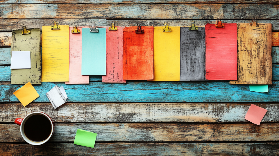 cheerful workspace with a half-finished project, a coffee cup nearby, and upbeat decor. ai generated