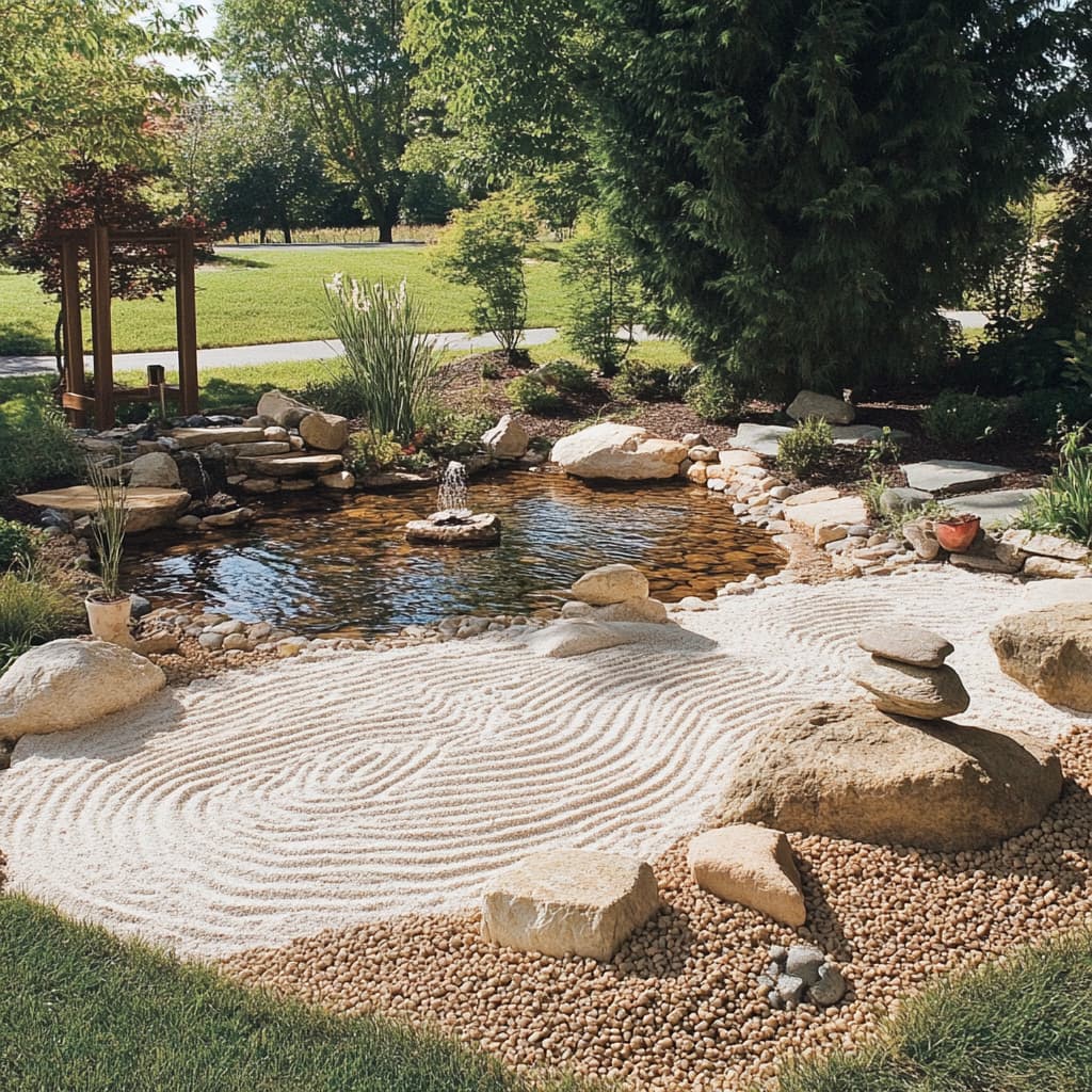 A zen rock garden where placing stones creates ripples of both sand patterns and soft, harmonic sounds spreading across the garden ai generated