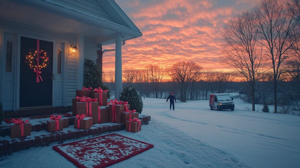 front porch with a holiday-themed doormat, showing several neatly stacked delivery boxes adorned with festive ribbons and tags. ai generated