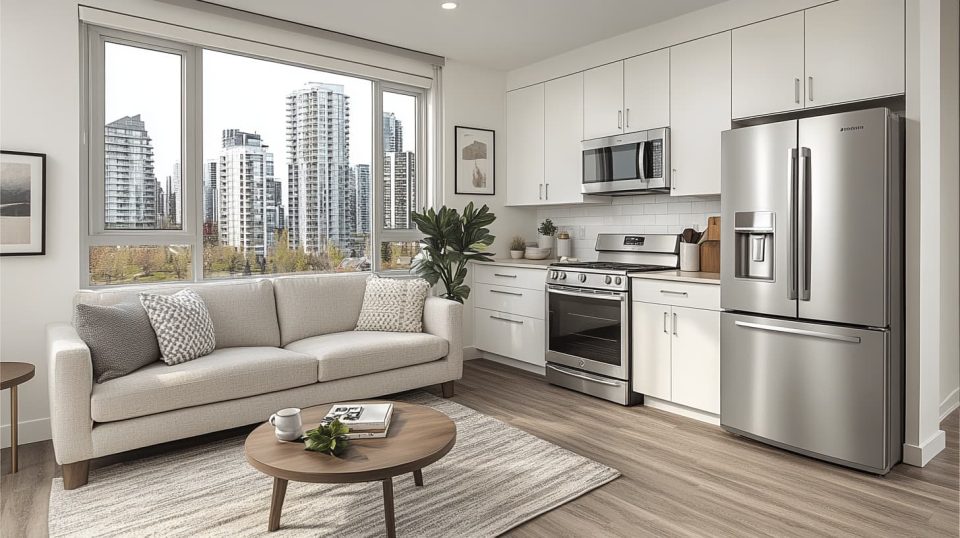 modern kitchen lit by sleek LED fixtures, featuring Energy-Star appliances and large windows with natural light streaming in. ai generated