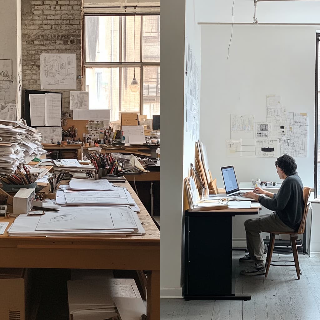 one filled with piles of paper, drafts, and traditional art supplies, with a designer intensely working at a drafting table; the other is sleek and modern. ai generated