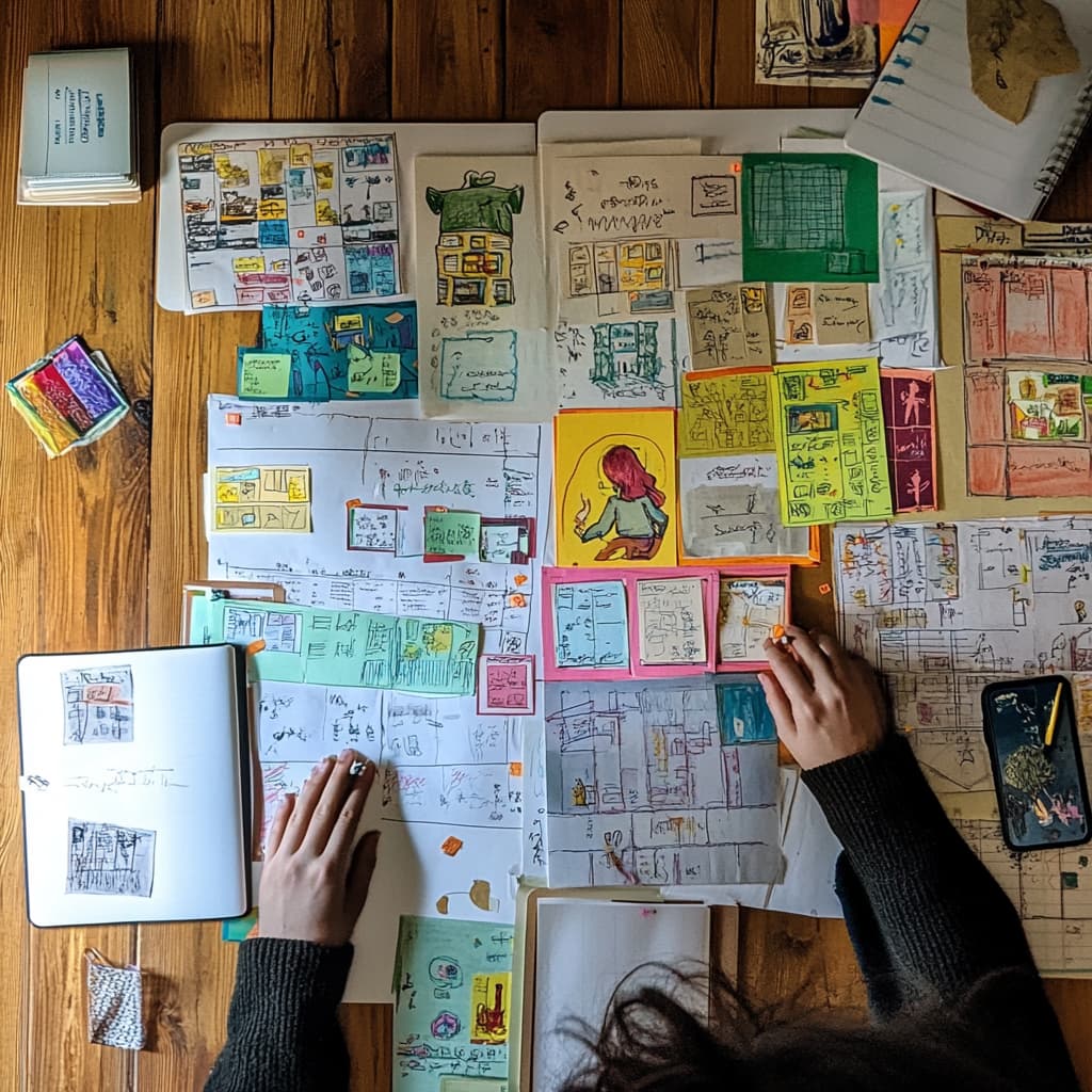 overhead view of a workspace filled with colorful sticky notes, character sketches, and plot diagrams spread across a large wooden table. ai generated