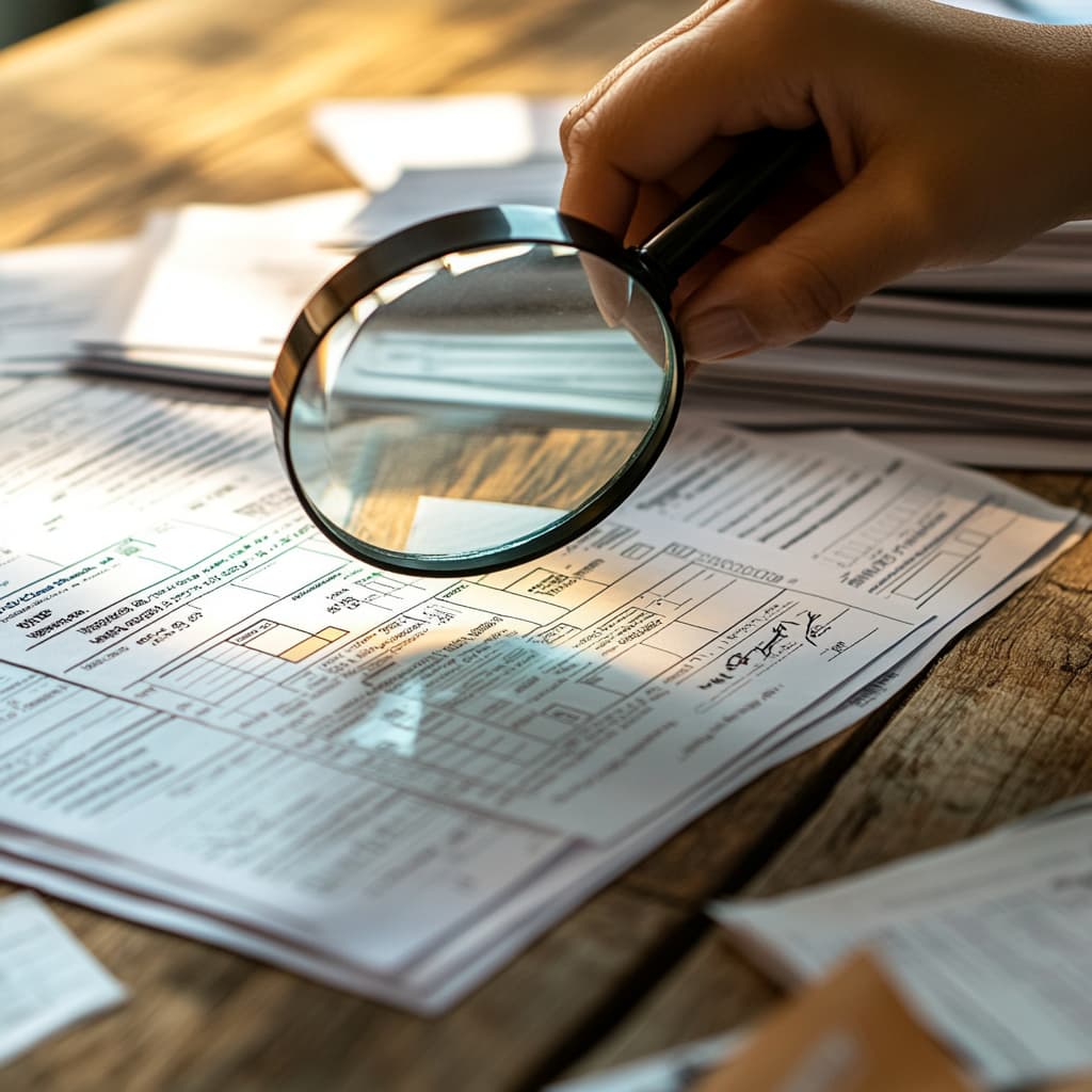 person holding a magnifying glass over a tax form, with highlighted sections. A stack of receipts and invoices is on the table, symbolizing overlooked deductions and credits