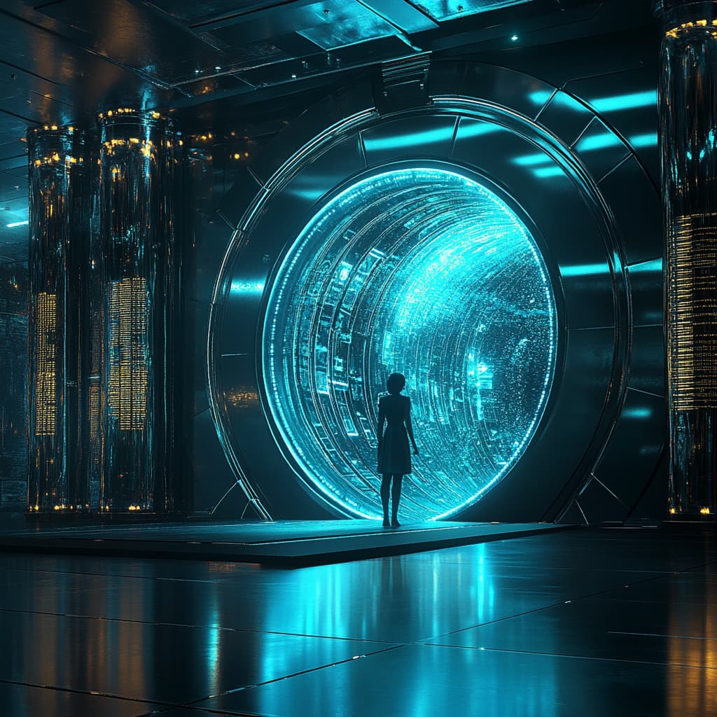 person standing before a massive vault door shaped like a plate, ai generated