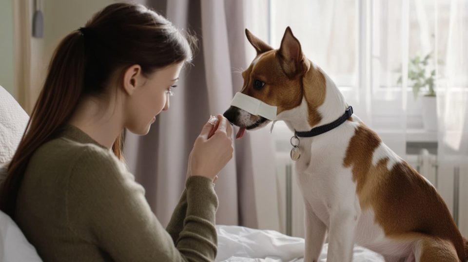 pet owner calling a vet hotline while tending to a dog with a bandaged paw. ai generated