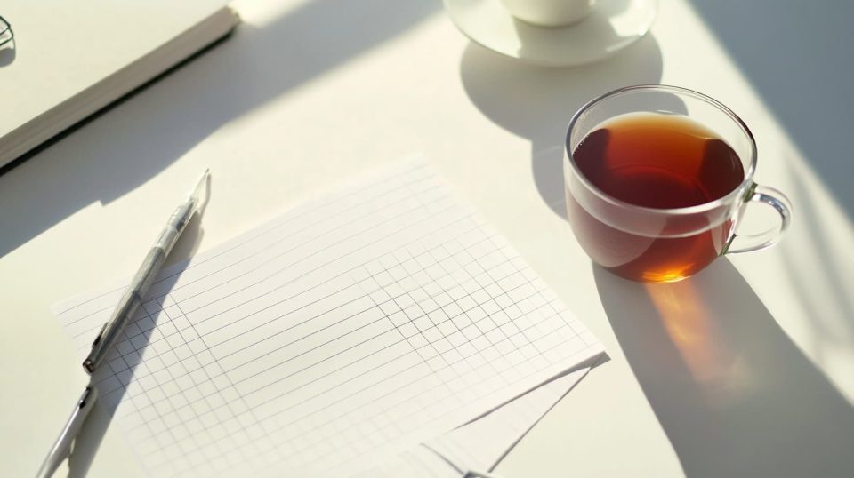 tidy study table with a plain grid layout on paper, a cup of tea. ai generated