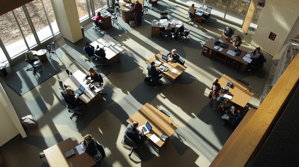 top-down view of a large university study area. Several people are sitting at spacious desks spread across the room, ai generated