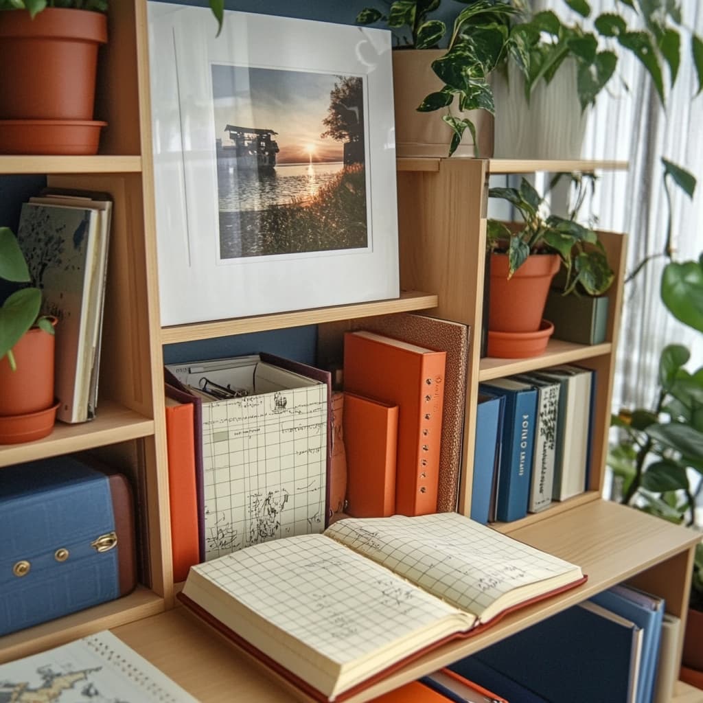 Custom GPT that helps travel shelf filled with well-organized journals, travel books, and souvenirs from different trips, with a framed photo of a traveller enjoying a sunset on a previous vacation. ai generated