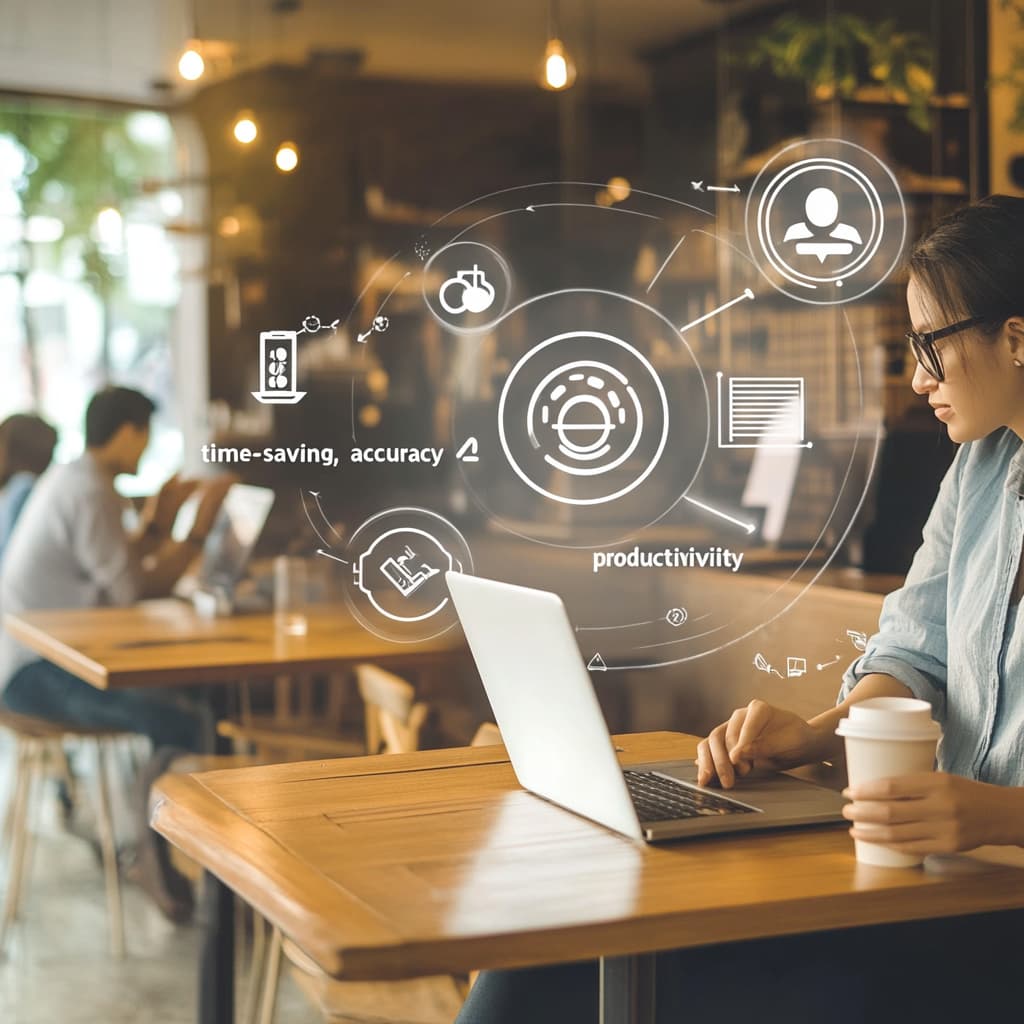 tylish coffee shop, where a professional relaxes at a modern wooden table with a cup of coffee and a laptop. ai generated