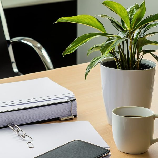well-organized office desk with a potted plant, a coffee mug, and a neat stack of blank documents and paper clips, creating a ready-to-work atmosphere.